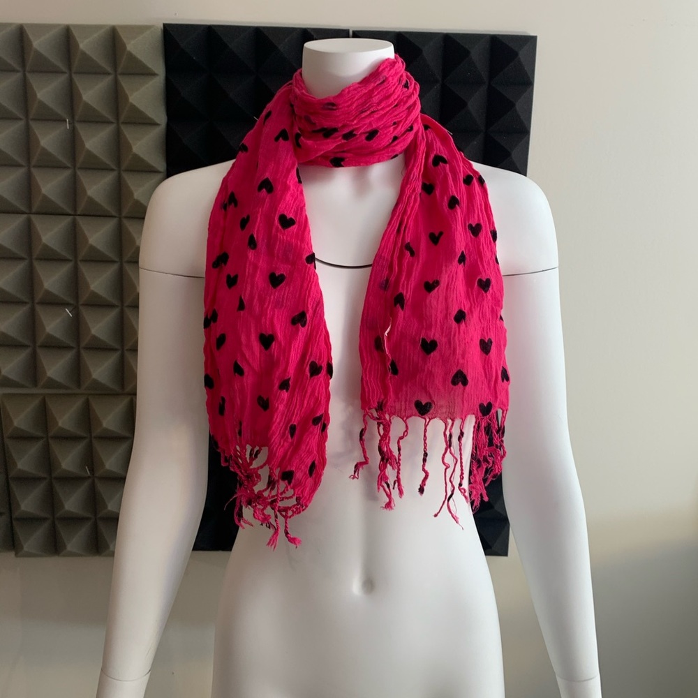 Pink Tasseled Scarf Covered in Hearts